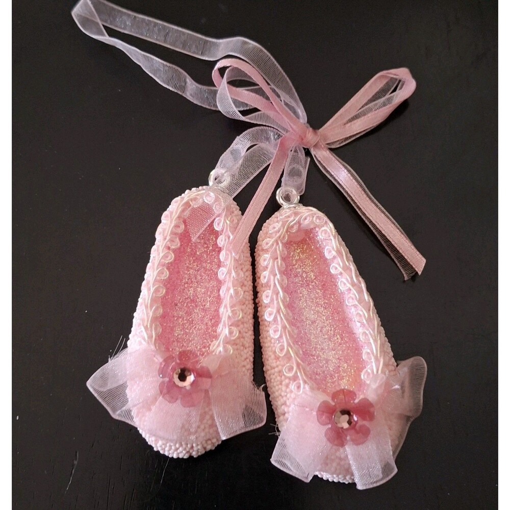 Glitter Pink Floral Bow Ballerina Slippers Ornament Decor Gift Holiday